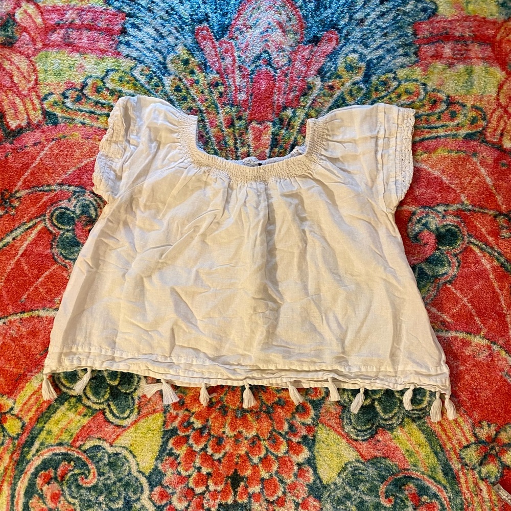 Adorable off shoulder short sleeve peasant top with tassels linen cotton
